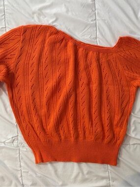Orange Openwork Off-Shoulder Sweater
